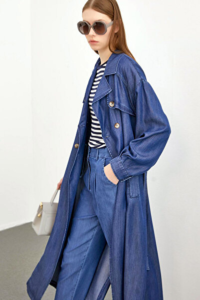 MissThetis Kruvaze Ceket Yaka Uzun Kol Düğmeli Şık ve Cool Cepli Astarsız Kuşaklı Rahat Jean Kot Trençkot