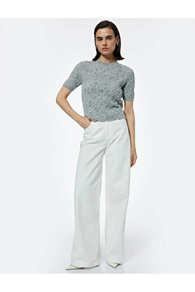 Koton Kısa Kollu Taşlı Saç Örgü Gri Kadın Kazak 6Wak90147Ht