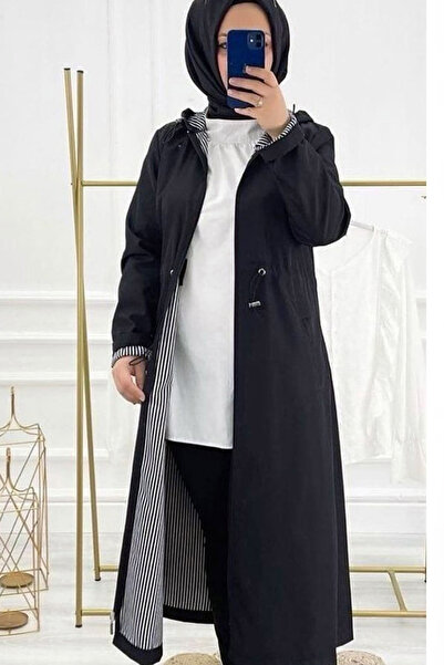 MissThetis Kapüşonlu Uzun Kollu Kendinden Çizgi Astarlı Fermuarlı Bel Büzgülü...