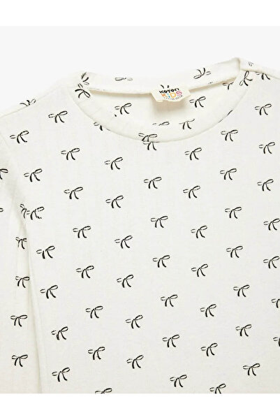 Koton Soft Textured Bow Printed Ecru Girls' Long Sleeve T-Shirt 6Wkg10186Ak