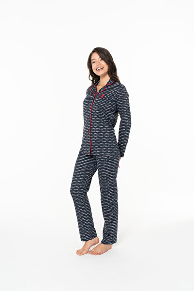 U.S. Polo Assn. New Season Women's Striped Pajama Set with Button Front (Buttoned Front)