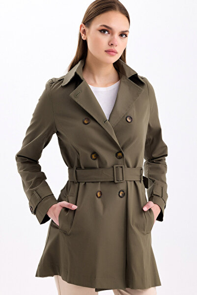 MissThetis Kruvaze Ceket Yaka Uzun Kol Düğmeli Şık ve Cool Cepli Astarsız Kemerli Rahat Kısa Gabardin Trençkot