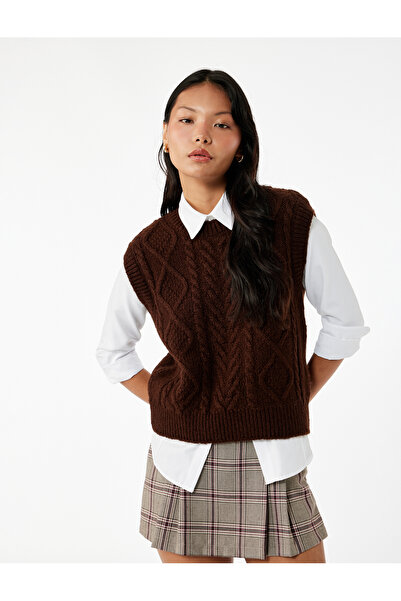 Koton Hair Braid Textured Sleeveless Crew Neck Knitwear Sweater