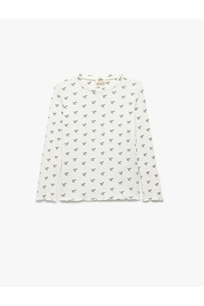 Koton Soft Textured Bow Printed Ecru Girls' Long Sleeve T-Shirt 6Wkg10186Ak