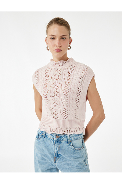 Koton Stand Collar Sleeveless Openwork Knitted Sweater