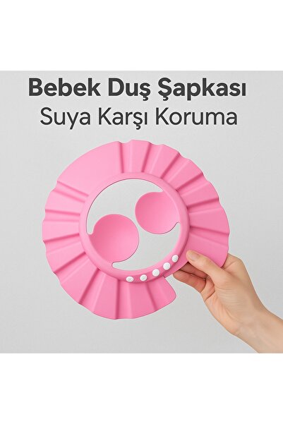 Kulaklıklı Düğmeli Ayarlanabilir Gözleri Korumak Saç Yıkama Bebek Banyo Şapkası Pembe