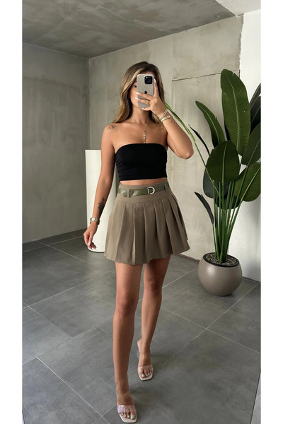AsinFashion Kadın Kemerli Yüksek Bel Pliseli Mini Şort Etek Astarlı