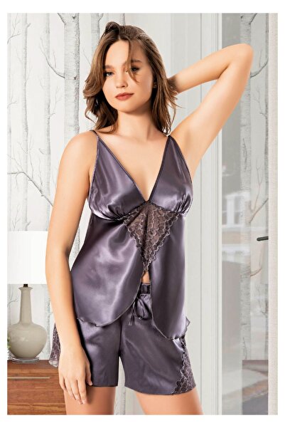 Viselya Dantelli Füme Saten Atlet Şort Takım