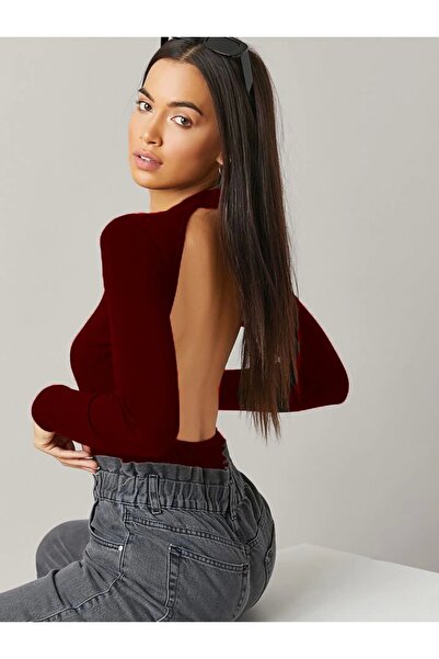 MetuCA Kadın Bordo Sırt Dekolteli Bisiklet Yaka Uzun Kollu Sandy Kumaş Bodysuit Zıbın