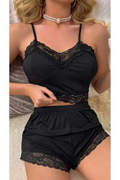 Eloria Fashion Γυναικεία μαύρη δαντέλα πιτζάμα σετ με σορτς