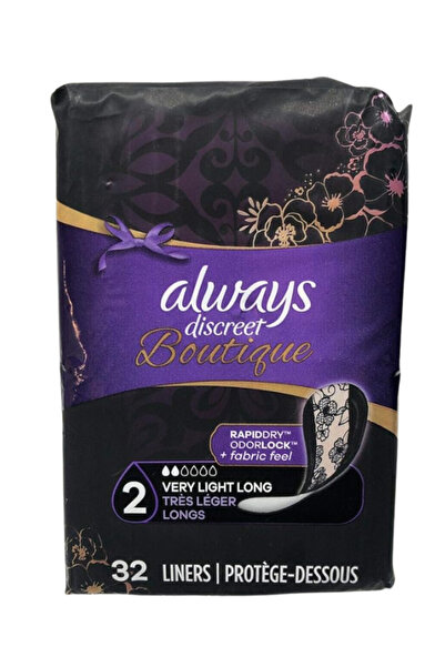 Always Discreet بطانات سلس البول من بوتيك، مقاس 2، خفيفة جدًا، طويلة، 32 بطانة
