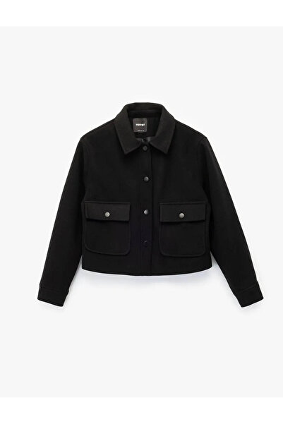 Koton Κοντό μαύρο γυναικείο παλτό με κουμπιά και τσέπες 6Wak20168Ew