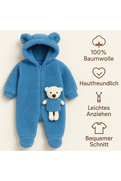 MYZİ STORE Hooded Plush Baby Romper – 100% Cotton with Teddy Bear Detail (0-12 Months)