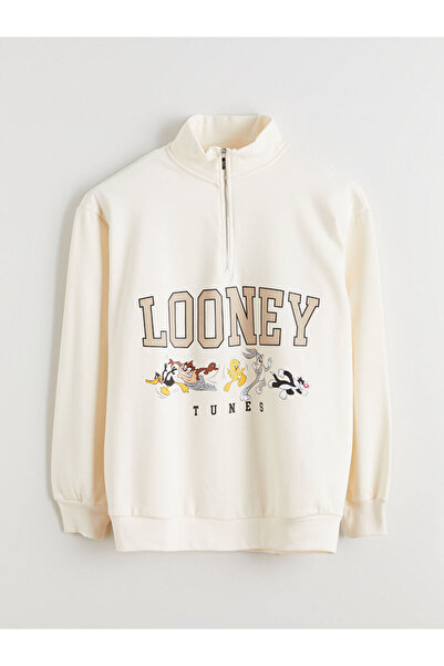 LC Waikiki Bej Bugs Bunny Baskılı Oversize Kadın Kalın Sweatshirt