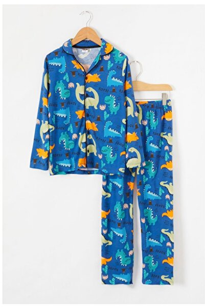 PİJAKİDS Set de pijamale din bumbac pentru băiat, cu nasturi până la picioare