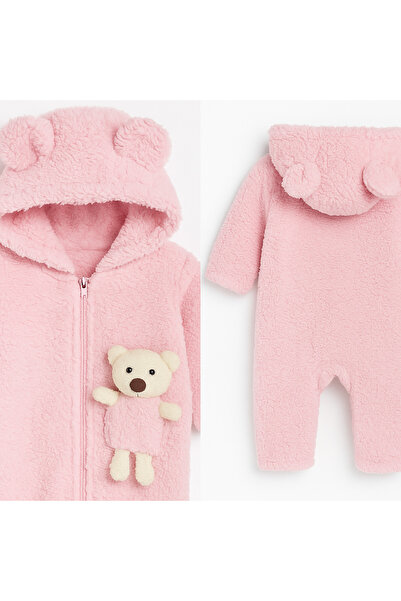 MYZİ STORE Hooded Plush Baby Romper – 100% Cotton with Teddy Bear Detail (0-12 Months)