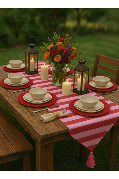 shopshop 7 Piece Pink Red Tableware Presentation Set 6 Pieces American Service Placemats 1 Piece Tasseled Runner Cover