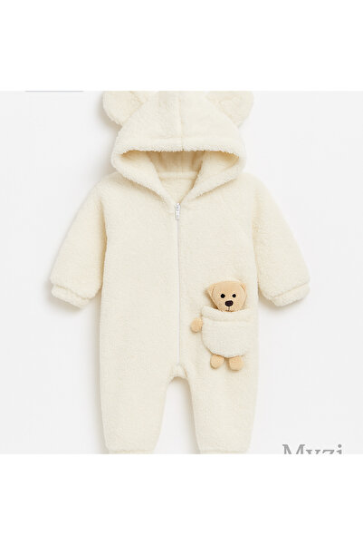 MYZİ STORE Hooded Plush Baby Romper – 100% Cotton with Teddy Bear Detail (0-12 Months)