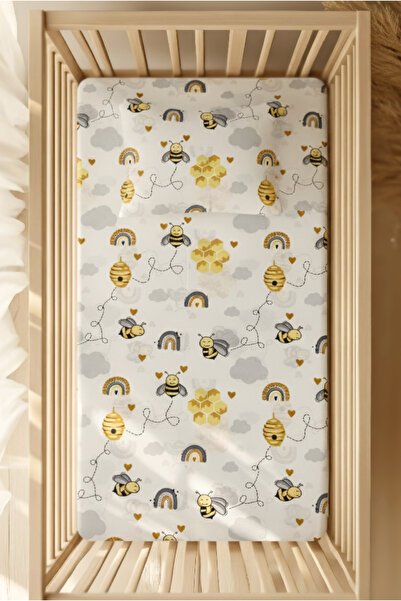 pistore طقم ملاءات سرير مطاطية من القطن بنسبة 100% - سرير بارك بنمط النحل 70x120 35x45