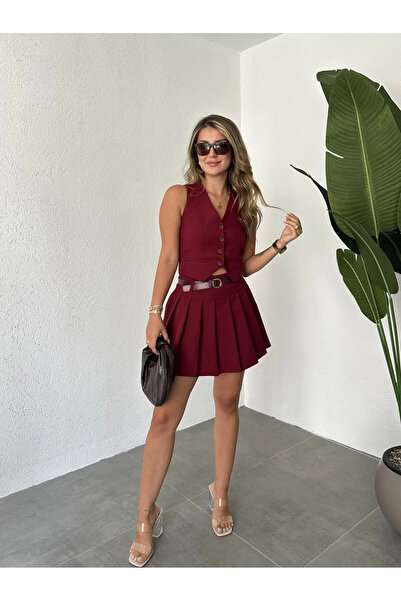 AsinFashion Kadın Kemerli Yüksek Bel Pliseli Mini Şort Etek Astarlı