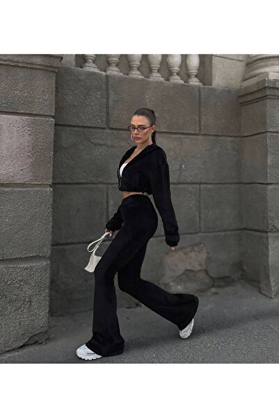 ibeeka Crop Top Spanish Leg Black Velvet Tracksuit Bottom Top Set 2 Piece Zippered