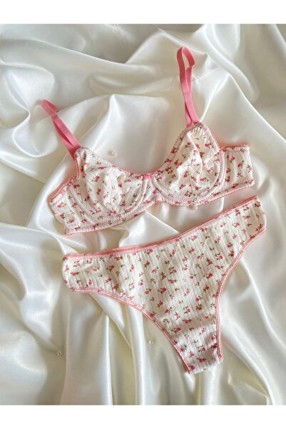 Modaludo Çiçek Desenli Pamuklu Sütyen & Tanga Takımı