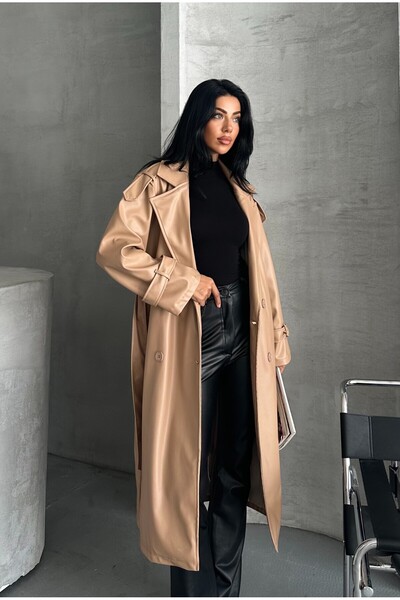 MEECY Women's Belted Long Leather Coat