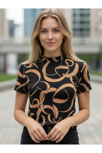 TRENDY Kahve siyah geçişli kısa kollu bady-crop