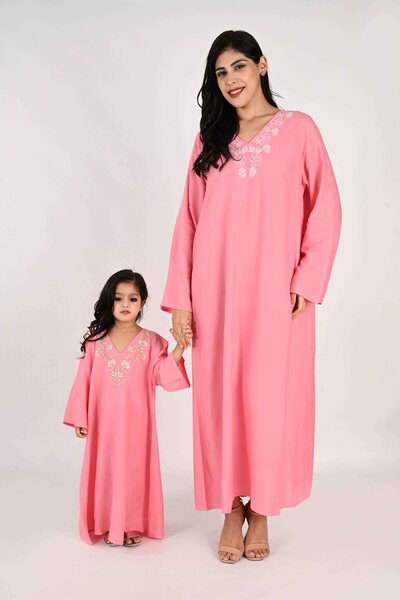 LINELLE جلابية أطفال - ماكسي وردي من الرايون بأكمام واسعة وتطريز