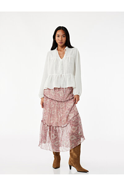Koton Lined Ethnic Patterned Elastic Waist Ruffled Midi Chiffon Skirt