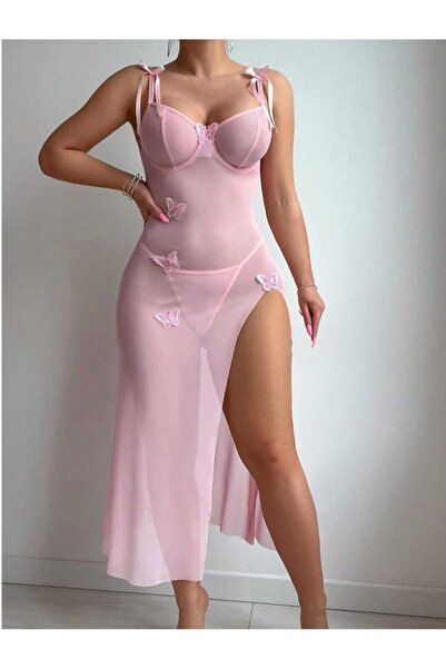 MorooJ طقم لانجري نسائي من قطعتين – فستان نوم شفاف مرصع بالفراشات