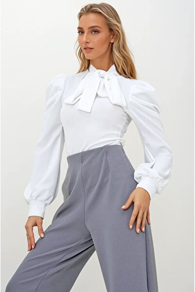 OLSAMODA Women's Flexible Fabric Princess Sleeve Blouse with Bow Detail at the Neck