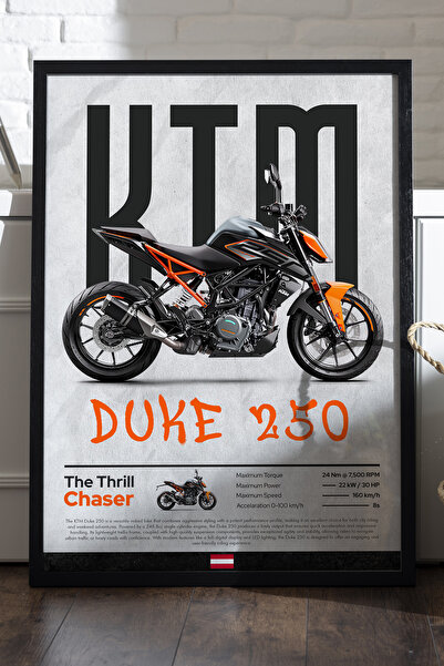 Duvarda KTM Duke 250 Siyah Ahşap Çerçeveli Poster, Dekoratif Motosiklet Duvar...