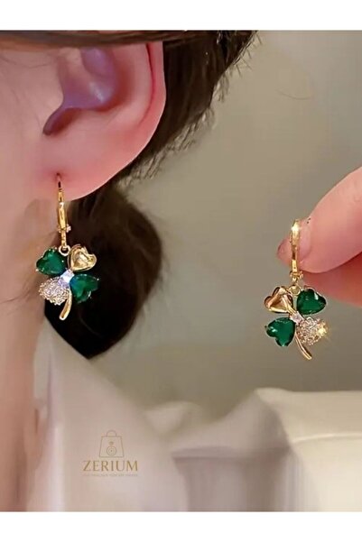 ZERİUM Yeşil Mozaik Dört Yapraklı Yonca Kadın Küpe