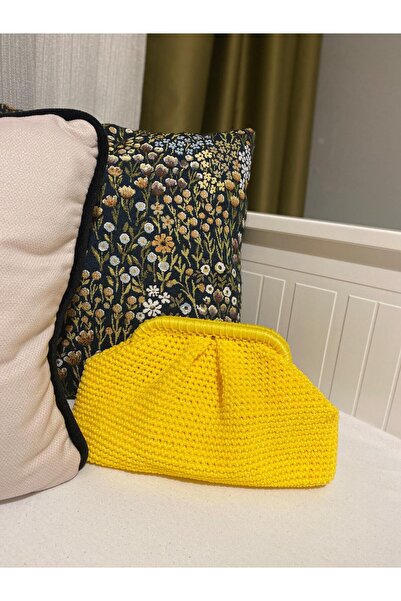 Knittingworld Clutch çanta, makrome çanta, portföy çanta, tereyağ sarısı çant...