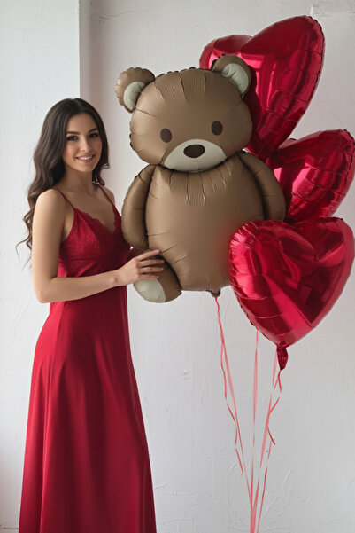 Baloncu Nene Büyük Ayıcık Folyo Kırmızı Kalp Balon Sevgili Süpriz Süs Doğum G...