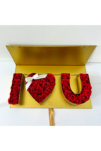 velve Cutie aurie cu trandafiri din sapun si text, "I LOVE YOU", Rosu, Rosu