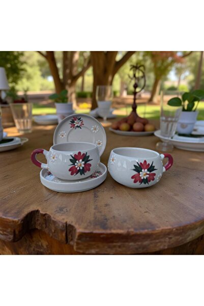 İlbay Çini Takı Ceramic Beren Plate Mug Red Crocus Flower