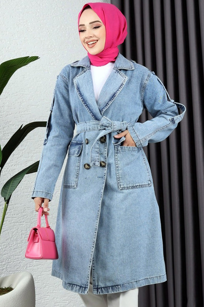 MissKybele Çentikli Ceket Yaka Kuşaklı ve Düğmeli İki Cepli Yıkamalı Diz Altı Midi Boy Denim Jean Kot Trençkot