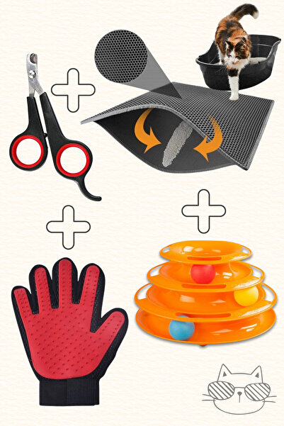 PapyonPet 4’lü Kedi Bakım Oyun Seti | 3 Katlı Kedi Oyuncağı Tırnak Makası Ele...