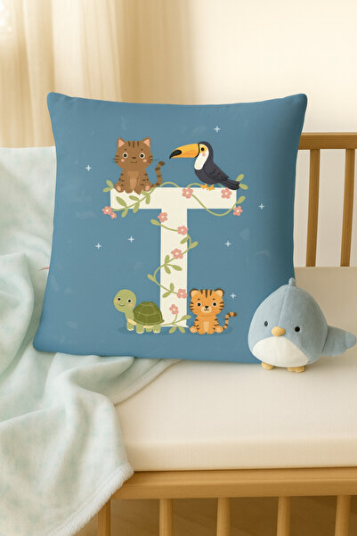 ALAMODECOR Двойна дигитално отпечатана калъфка за възглавница за момчета в син цвят с буква T