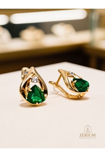 ZERİUM Stylish and Noble Emerald Stone-Looking Gold Color Women's Earrings