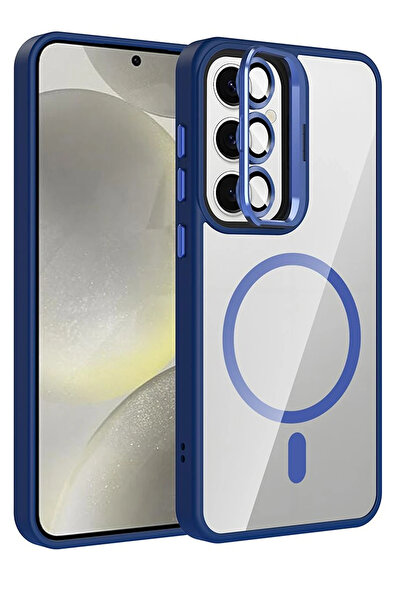 Fuchsia غطاء سامسونج جالاكسي S25 مع عدسة ريميم وحامل ماجسيف - أزرق داكن