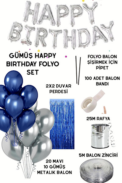 Genel Markalar Happy Birthday Folyo Set Mavi Gümüş Balon Parti Doğum Günü Süsleme Seti