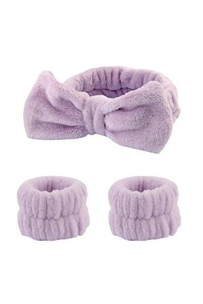 Toyaş Fiyonk ve Kolluklu Peluş Bandana Makyaj Spa Saç Bandı Lila