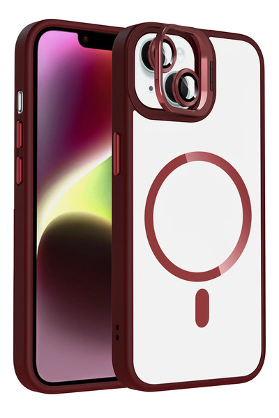 Fuchsia Apple iPhone 13 Remim Lensli Magsafe Standlı Kapak - Bordo