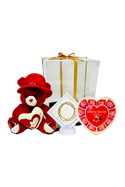 velve Pachet cadou pentru indragostiti, Sparkle, ursulet de plus 30 cm, set 3 bratari , praline