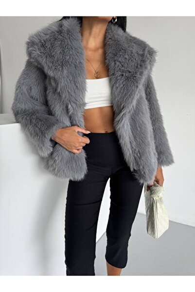 Ahzem Collection Women's Wide Collar Fur Coat with Pockets