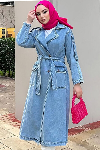 MissKybele Kruvaze Ceket Yaka Düğme Kapama Bel Kuşaklı Cepli Astarsız Diz Altı Midi Boy Denim Jean Kot Trençkot
