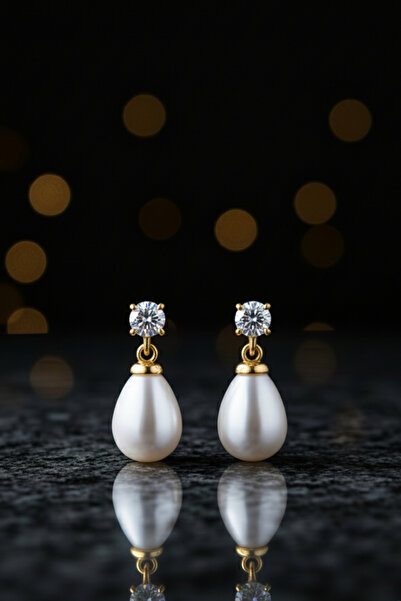 bymissmücevherat Tektaş Damla İnci Küpe 925 Ayar Gümüş 14K Gold Renk | 7x9 mm Damla İnci, 4 mm Tektaşlı